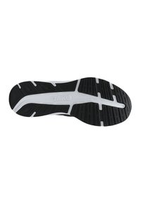 Suola di scarpa sportiva nera con superficie in gomma testurizzata e accenti bianchi. Include scanalature per la trazione e presenta un logo del marchio.