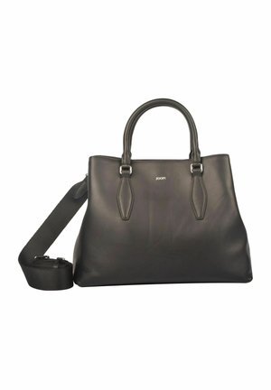 Schwarze Leder-Shopper-Tasche mit doppelten Griffen und abnehmbarem Schulterriemen. Verfügt über dezente Logo-Details und eine strukturierte Form. Glatte Textur.