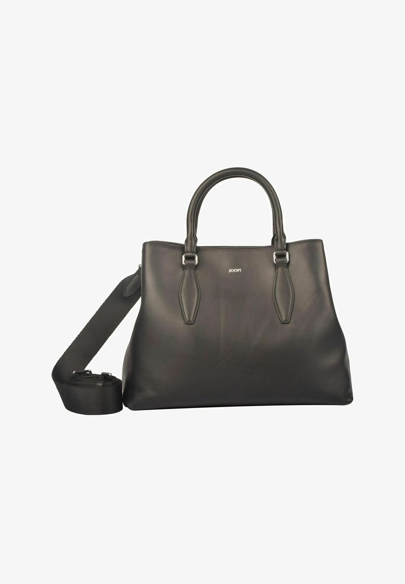 Black leather tote bag with dual handles and detachable shoulder strap. Features subtle logo detailing and a structured shape. Smooth texture.