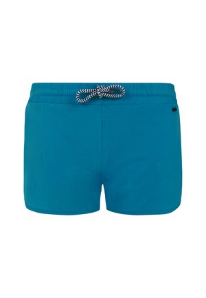 TÜrkise Bade shorts aus leichtem Material, mit einer schwarz-weißen gestreiften Kordel und einem elastischen Bund.