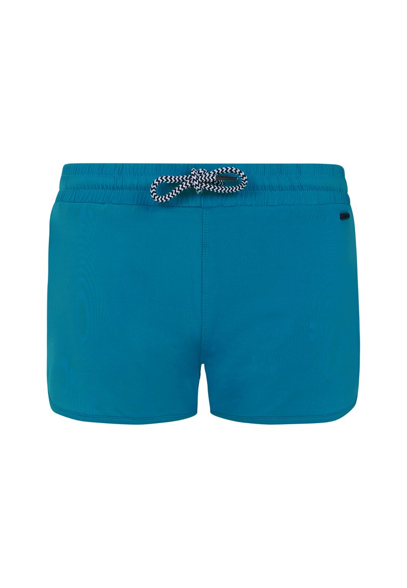 Mėlynos spalvos maudymosi šortai, pagaminti iš lengvo audinio, su juodai balta raišteliu ir elastinga juosmeniu.