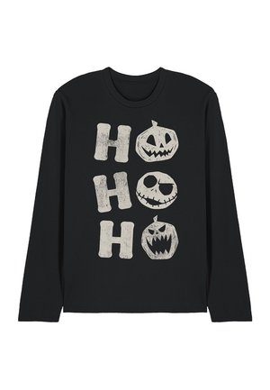 Schwarzes Langarmshirt mit abgenutzten grauen Halloween-Motiven von Kürbissen und "H"-Buchstaben in vertikaler Anordnung.