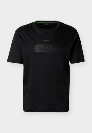 Black short-sleeve t-shirt with a round neck, featuring "BOSS" text and a lined hexagon graphic on the front center.