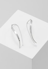Orecchini d'argento con un design allungato e contorto, caratterizzati da superfici lisce e riflettenti e da una forma slanciata e minimalista.