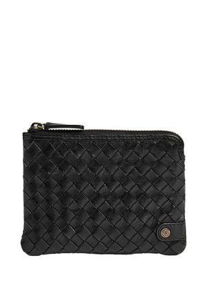 Black woven leather zippered pouch with a small round metal logo button on the bottom right corner.