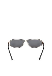 Solsikkere med grå linser, guld metalramme og sorte plastik arme. Har en slank, aflængt form og synlige næsepuder.