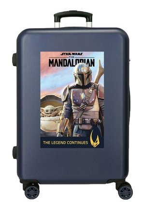 Maleta azul oscuro con asa y ruedas, con un gráfico de Mandaloriano y Grogu y el texto "La Leyenda Continúa" en el panel frontal.