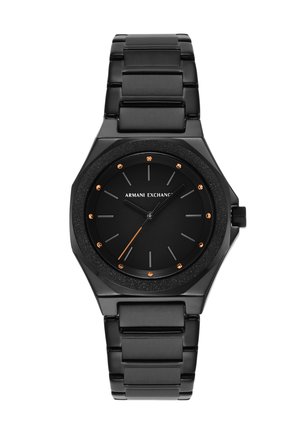 Reloj de pulsera Armani Exchange de acero inoxidable negro con esfera negra, acentos naranjas, marcadores minimalistas y pulsera con eslabones.