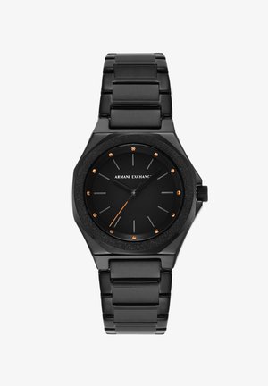 Reloj de pulsera Armani Exchange de acero inoxidable negro con esfera negra, acentos naranjas, marcadores minimalistas y pulsera con eslabones.