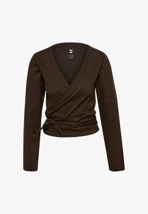 Bruine lange mouwen wikkeltop met een diepe V-hals en een detail met zijstrik. Gemaakt van zachte stof met een textuurafwerking.