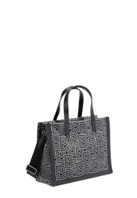 Sort og grå totebag med et sammenflettet bogstavmønster, stofkrop og læders accents, to top-håndtag og en aftagelig rem.