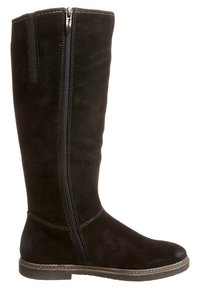 Botte noire en daim, montée jusqu'au genou, avec une fermeture éclair latérale, semelle plate, couture renforcée et texture lisse. Convient pour un usage décontracté.