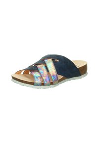 Navy Slide-Sandalen mit drei schimmernden Riemen, hellbraunem Fußbett, strukturiertem Obermaterial und einer weißen Gummisohle.