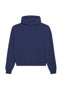 Sweat à capuche bleu marine en coton mélangé ; il comprend une poche kangourou à l'avant, des poignets et un ourlet côtelés, avec un design à enfiler et une capuche à cordon de serrage.