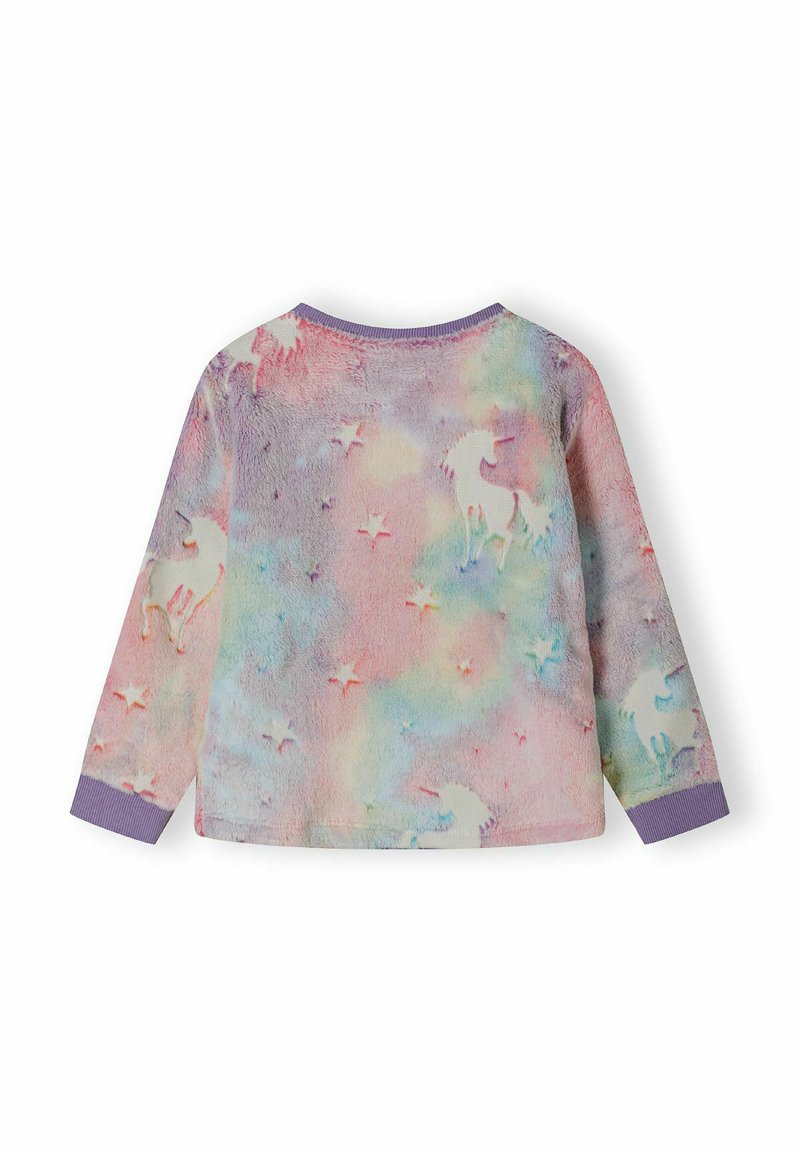 Langärmliges Fleece-Oberteil mit einem pastellfarbenen Regenbogenmuster, das Einhörner und Sterne zeigt, lila gerippte Bündchen und eine weiche, strukturierte Oberfläche aufweist.