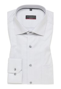 Weißes, kurzärmeliges Hemd mit kleinem Karomuster, klassischem Kragen und grauen Knöpfen. Verfügt über eine moderne Passform und einen doppelt geknöpften Umschlag.