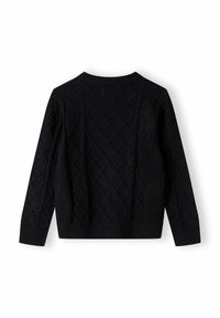 Maglione lavorato a maglia blu navy con motivo a rombi, colletto girocollo e polsini e orlo a coste. La vista posteriore mostra la trama e i dettagli del design.