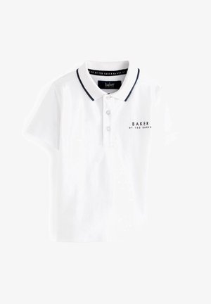 Hvid kortærmet polo skjorte med navy krave og knaplukning. Har "BAKER by Ted Baker" logo i mørk tekst på brystet.