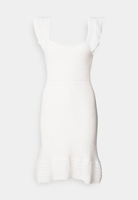 Robe blanche en maille avec un décolleté carré, un ourlet évasé et des bretelles froncées. Caractérisée par un tissu texturé et une coupe ajustée.