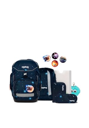Dark blue star-themed backpack set with matching pencil case, folder, wallet, space-themed pins, and a small blue fuzzy keychain.