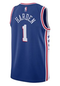 Niebieski koszulka do koszykówki Philadelphia 76ers z napisem "HARDEN" i numerem "1" w białym kolorze. Czerwone i białe wykończenia, wzór gwiazd po bokach.