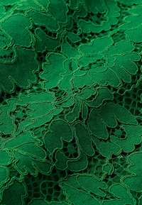 Tissu vert brodé avec un motif floral comportant des pétales texturés et un fond en dentelle à motifs. Une couture détaillée ajoute de la dimension.