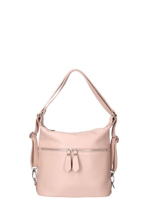 Borsa a spalla in pelle rosa con una finitura testurizzata, dotata di una cerniera superiore, di una tasca esterna con zip e di spallacci regolabili.