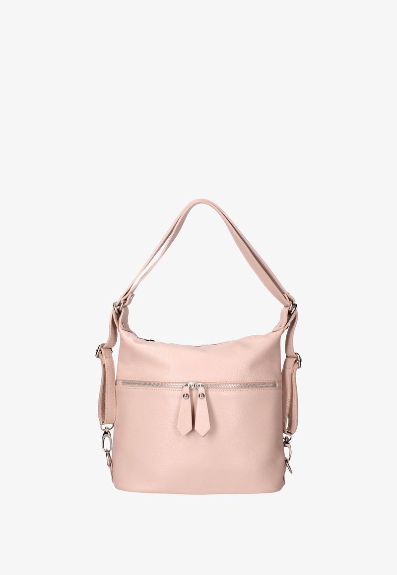 Sac à épaule en cuir rose avec une finition texturée, doté d'une fermeture éclair supérieure, d'une poche zippée extérieure et de bretelles réglables.
