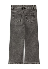 Szare szerokie dżinsy z denimu z wysokim pasem, wyposażone w dwie tylne kieszenie i gładkie, teksturowane wykończenie. Design dopełniają obszyte brzegi.