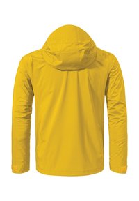 Gelbe wasserdichte Jacke mit Kapuze, glatter Textur und langen Ärmeln. Verfügt über einen gerafften Kragen und verstellbare Bündchen.