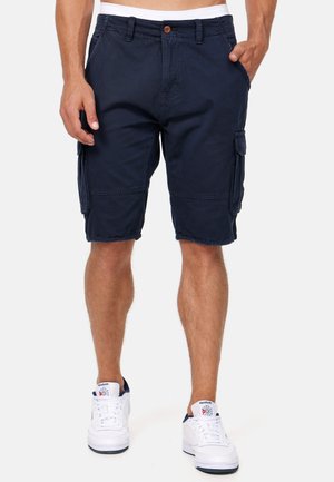 Mørkeblå cargo shorts lavet af bomuld, med flere sidelommer, knaplukning og en afslappet pasform.