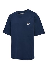 Mörkblå bomulls t-shirt med korta ärmar, rundad halsringning och en liten vit logotyp på den övre vänstra bröstet. Slät textur, avslappnad passform.