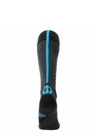 Calcetín negro y gris con acentos azules, que presenta una superficie texturizada, talón reforzado y un diseño alargado para ofrecer soporte y comodidad.