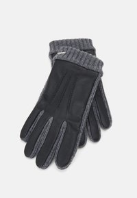 Gants en cuir noir avec des poignets en tricot gris. Les caractéristiques incluent plusieurs détails cousus sur les paumes et un design texturé côtelé.