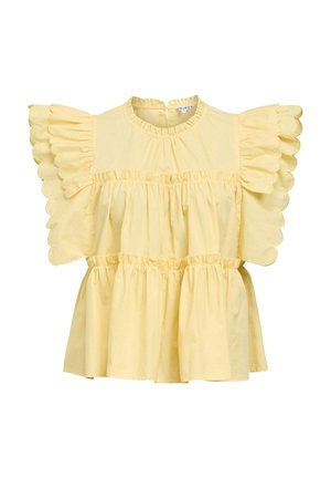 Blouse en coton jaune avec manches courtes festonnées et volantées, et volants froncés sur le corsage et l'ourlet.