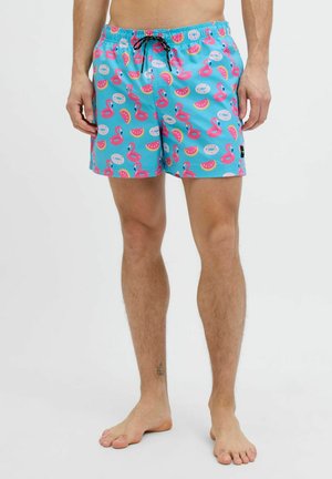 Heren zwembroek in felblauw, met een patroon van roze flamingo's, watermeloenen en donuts. Elastische tailleband met trekkoord.