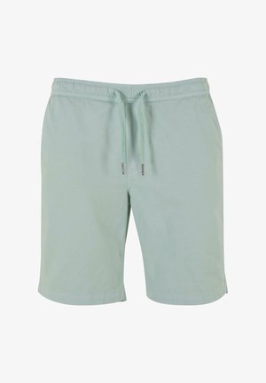 Lysgrønne bomulds shorts med elastisk talje, justerbar snor og sidelommer, der har en glat overflade og en ren kant.
