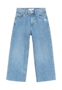 Jeans din denim bleu deschis, cu picioare largi și talie înaltă, cu închidere prin buton, cinci buzunare și un detaliu uzat în față.