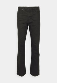 Black denim jeans with a straight-leg fit, five-pocket design, and subtle stitching. Features a button closure and belt loops.