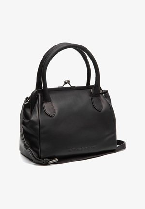 Schwarze Lederhandtasche mit runden Griffen, strukturiertem Design und Druckverschluss. Verfügt über Akzentnähte und einen abnehmbaren Schultergurt.
