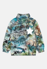 Fleece jacket featuring a dinosaur print in vibrant colors, with a solid white star accent on the back. Loose-fit, long sleeves.