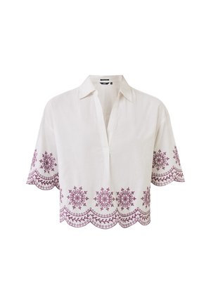 Chemise en lin blanc avec col, manches courtes et ourlet festonné, ornée d'une délicate broderie florale couleur prune le long du bas.