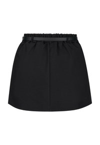 Svart skjørt med samlet midje og svart belte. Rett, over-kneet design med en glatt tekstur og minimalistiske linjer.