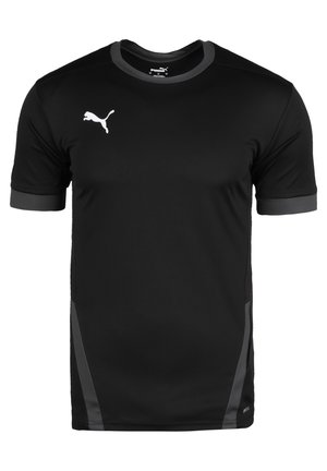 Schwarzes Puma-Sportshirt mit kurzen Ärmeln, grauem Kragen und Ärmelsäumen, weißem Puma-Logo auf der rechten Brust.