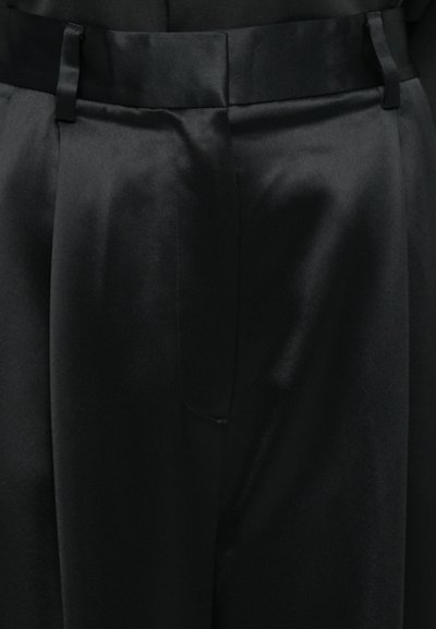 Black satin trousers with a smooth finish, front zipper, and belt loops visible at the waistband.