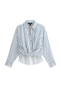 Long-sleeve button-up shirt featuring blue and white vertical stripes, knotted front design, and a curved hem. Made from lightweight fabric.
