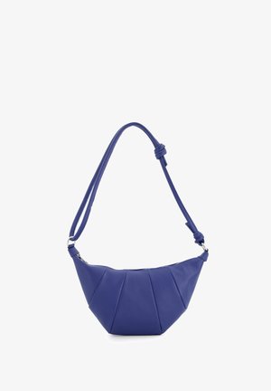 Blue leather bag with a curved, pleated design and an adjustable strap. Textured surface and silver hardware accent.