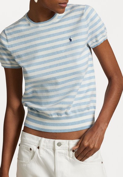Polo Ralph Lauren STRIPED SHORT SLEEVE SWEATER - Potiskana majica - pond blue heather/deckwash white