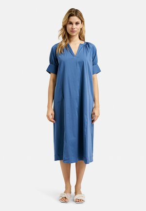 Blaues Midi-Kleid mit V-Ausschnitt, Puffärmeln und lockerer Passform. Hergestellt aus glattem Stoff, fällt es knapp unter das Knie und hat einen sauberen Saum.