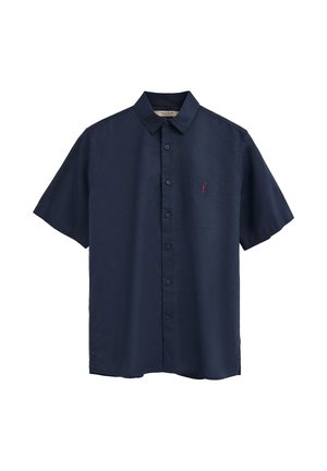 Marineblaue Kurzarm-Hemdjacke mit Kragen und kleinem rotem Logo auf der linken Brusttasche.